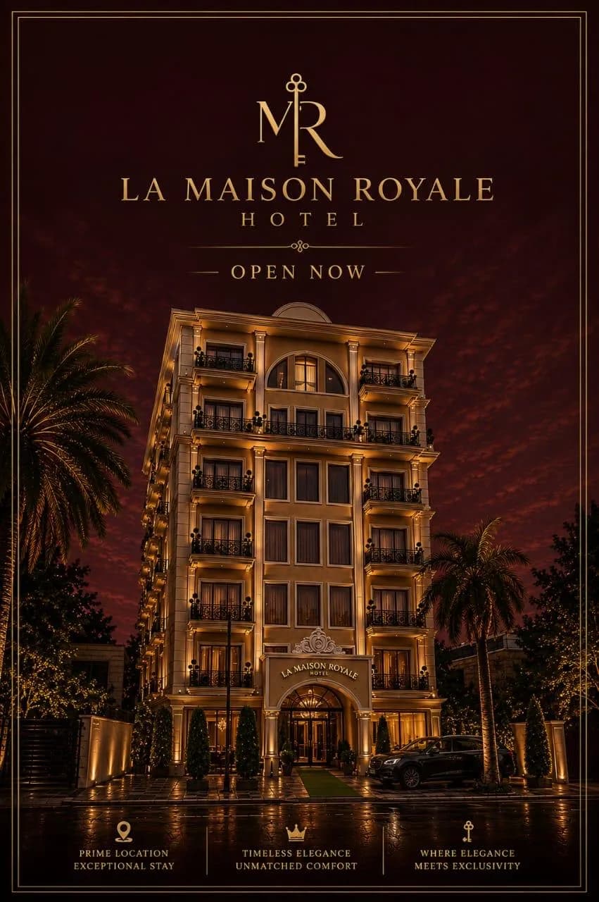 La Maison Royale Hotel illuminated at dusk, Gulberg III, Lahore