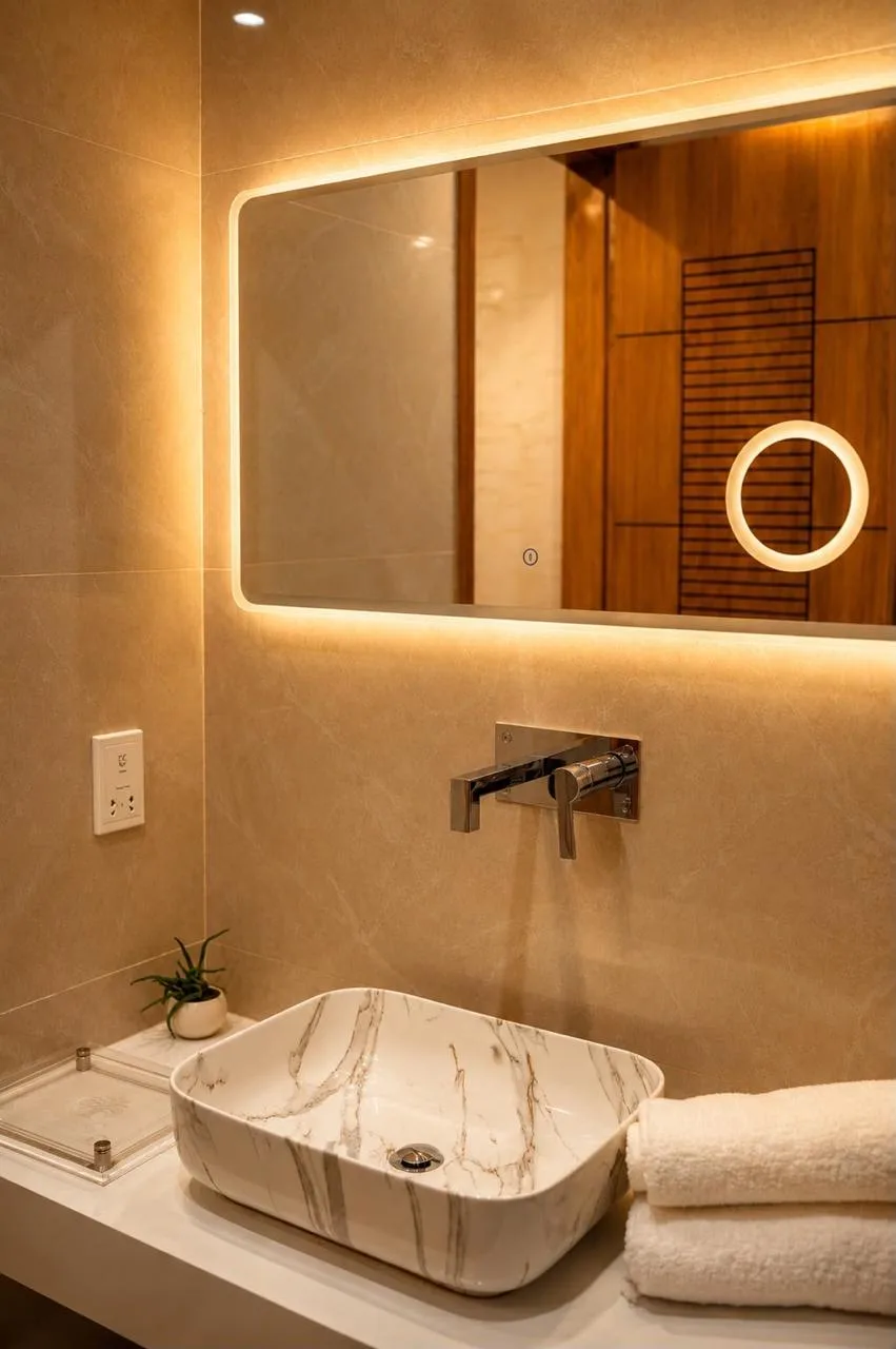 Guest bathroom vanity in beige marble with a backlit mirror and folded towels