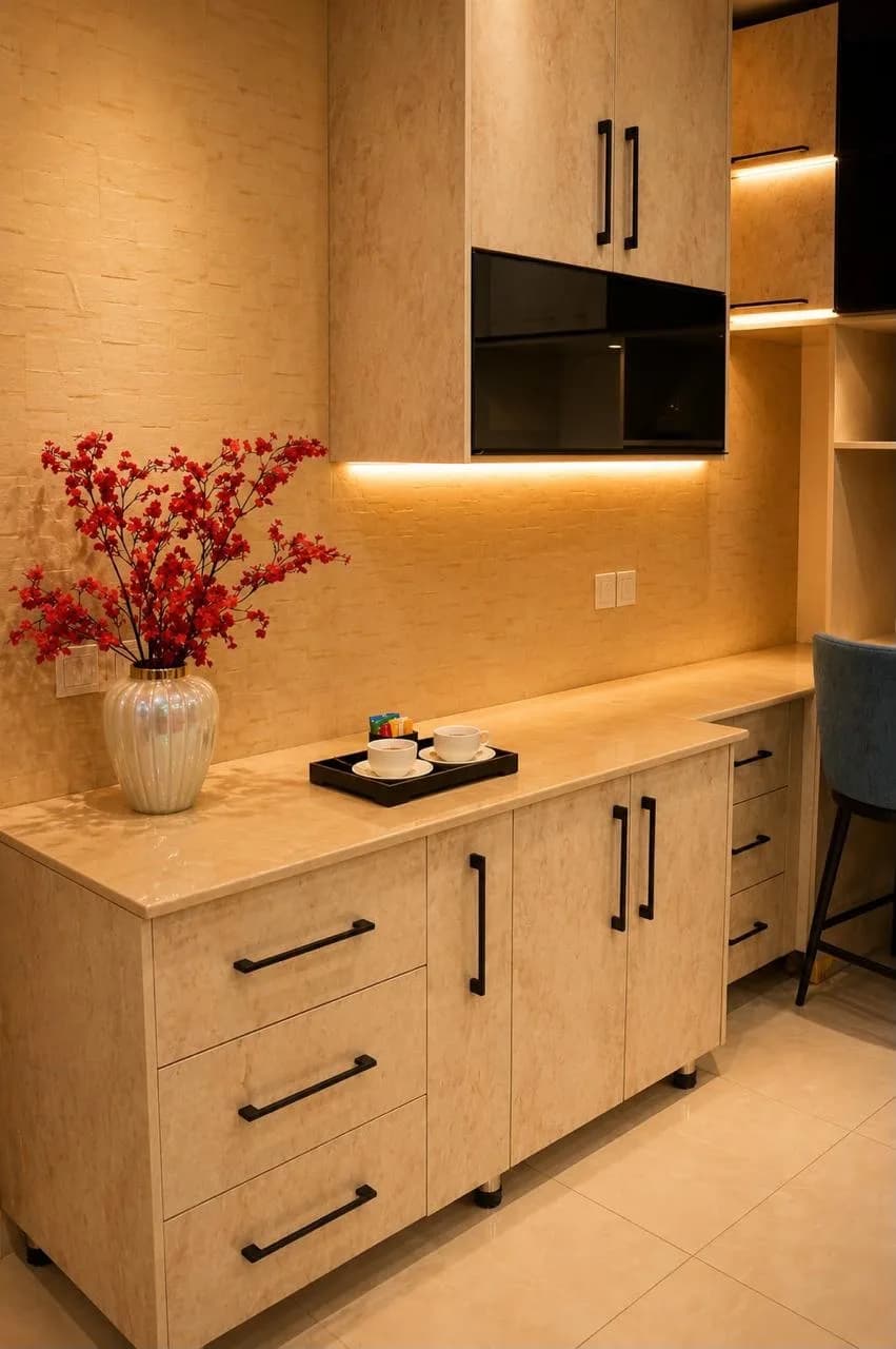 Marble counter set with a tea tray and red blossom against fitted cabinetry