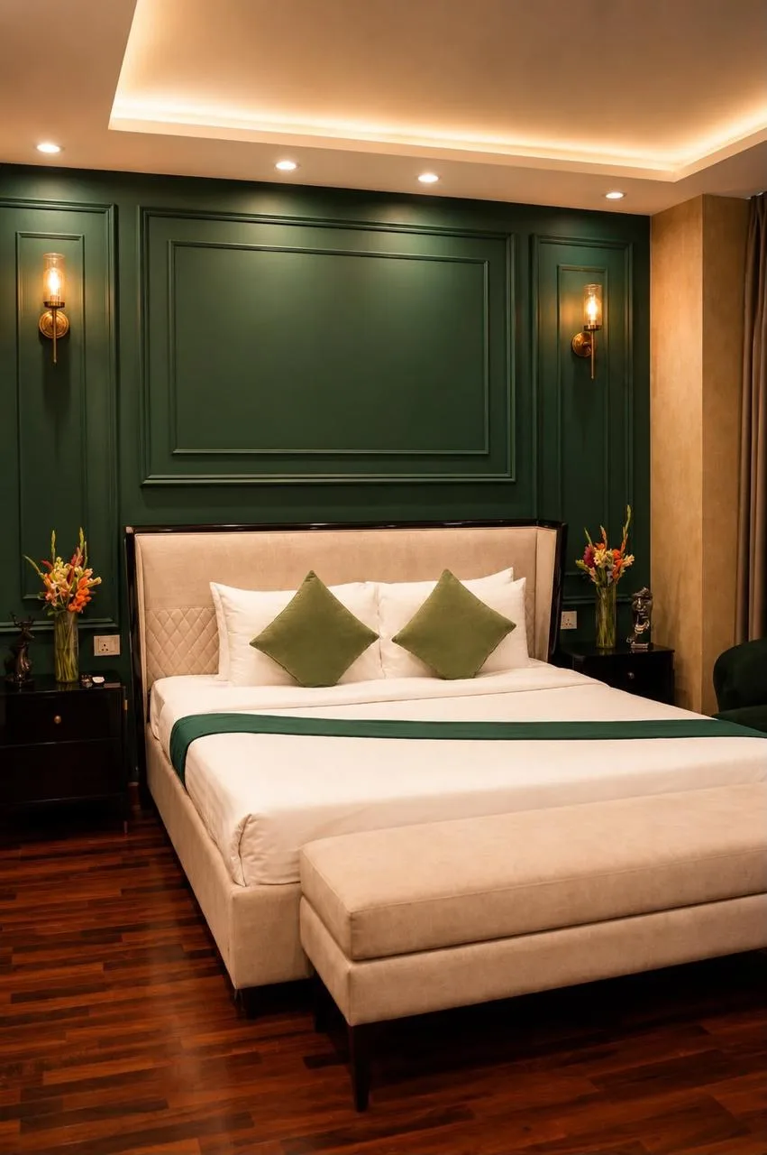 Presidential Suite bedroom with emerald panelled walls, brass sconces and hardwood floor