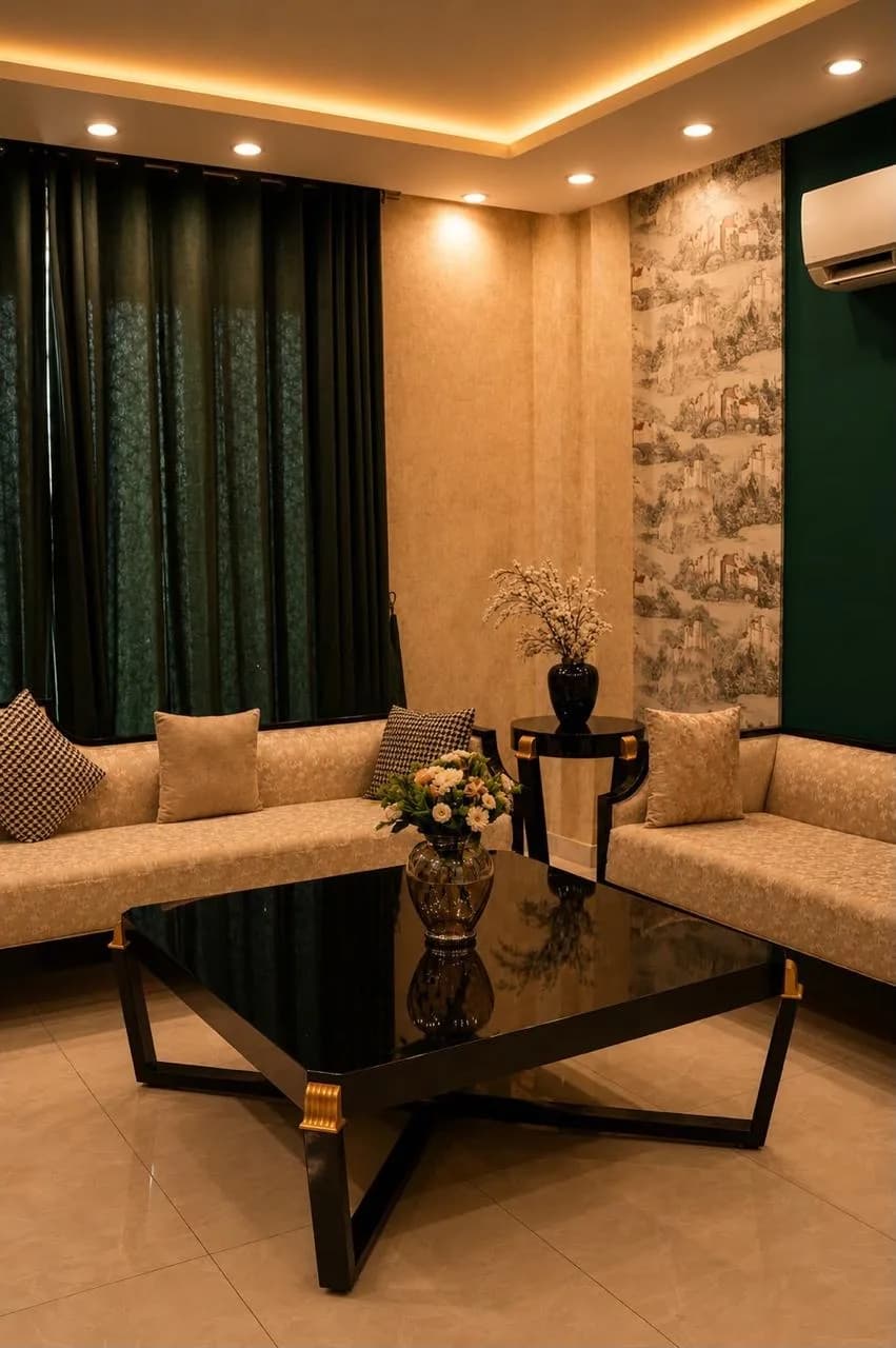 Lounge seating in emerald and cream at La Maison Royale